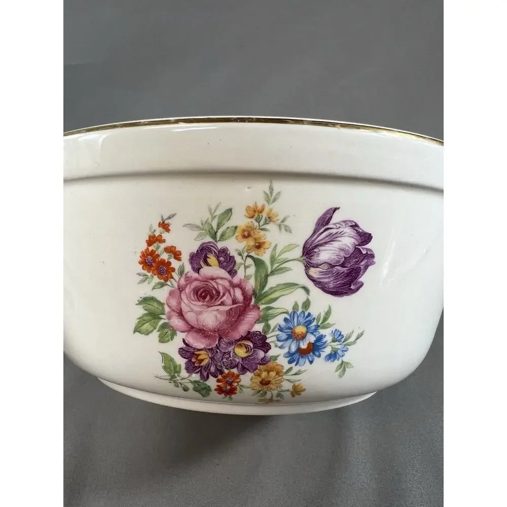 Vintage 22K Gold Floral Ceramic Covered Bowl Made in USA
